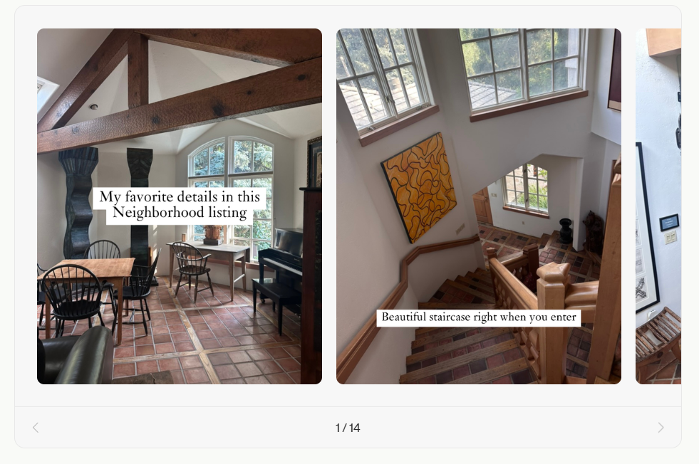 Coffee & Contracts My favorite details in this [neighborhood] template showing dining area and staircase interiors with text.