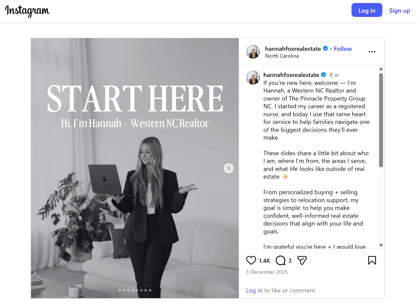 Black-and-white photo of a female realtor standing in a living room holding a laptop with text reading "Start here – Hi, I'm Hannah, Western NC Realtor."