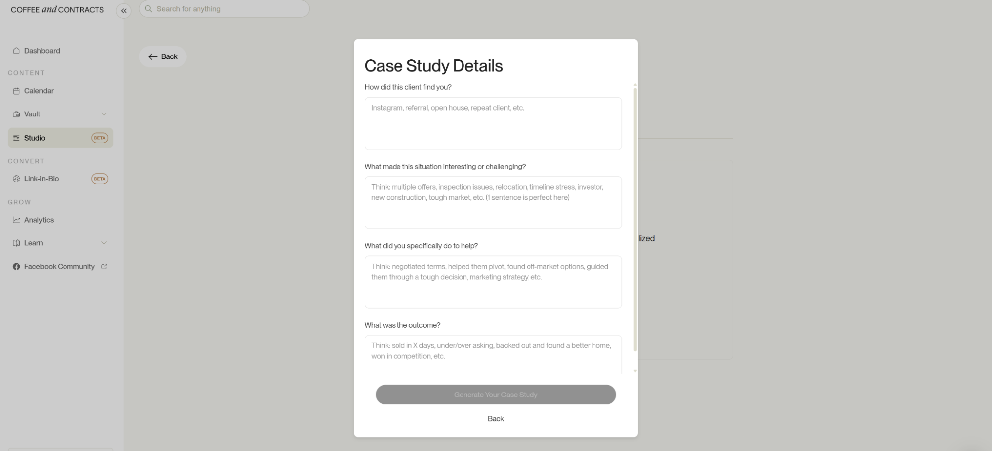 Coffee & Contracts real estate case study generator for Instagram