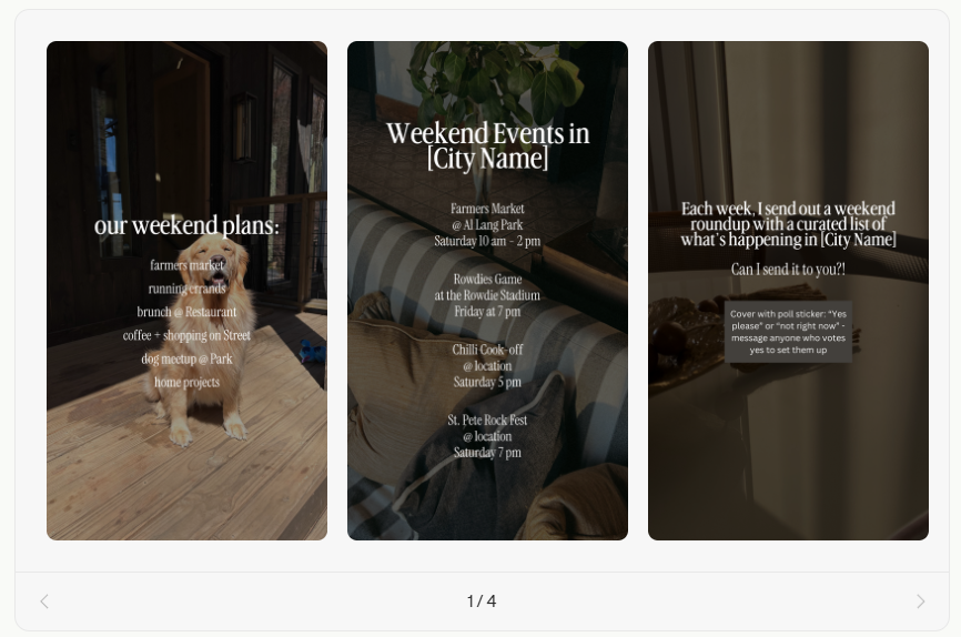 A weekend event template showing weekend plans, local events list, and a prompt to subscribe to a city roundup.