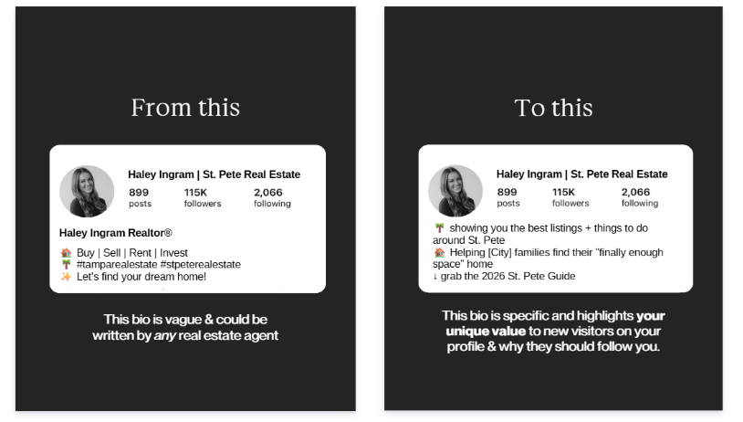 Side-by-side comparison of a real estate Instagram bio labeled ‘From this’ and ‘To this,’ showing how a generic profile description can be rewritten into a more specific value proposition that highlights local expertise and attracts followers.