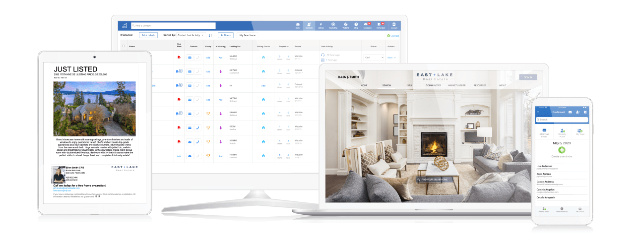 Market Leader platform is displayed across desktop, tablet, and mobile devices, showing property listings and a dashboard interface