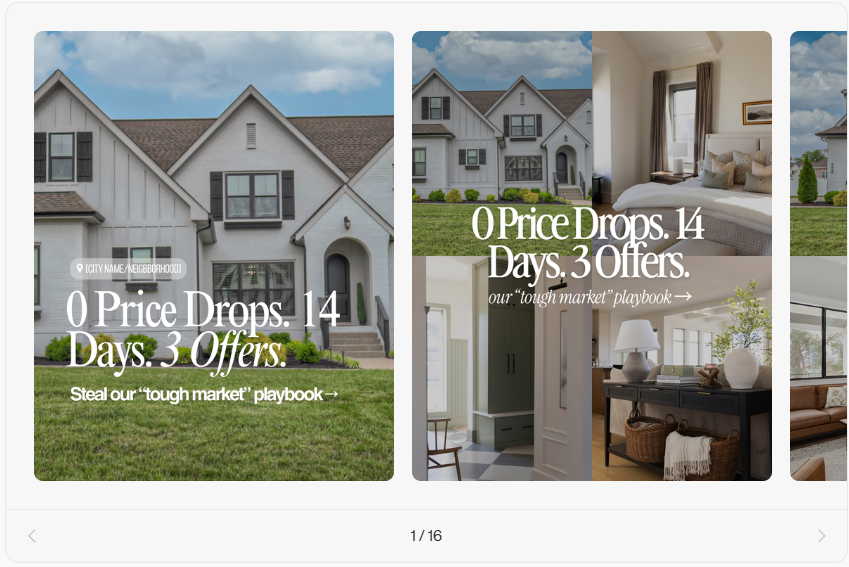 Coffee & Contracts case study template showing a home exterior and interior with text about price drops, days on market, and multiple offers.