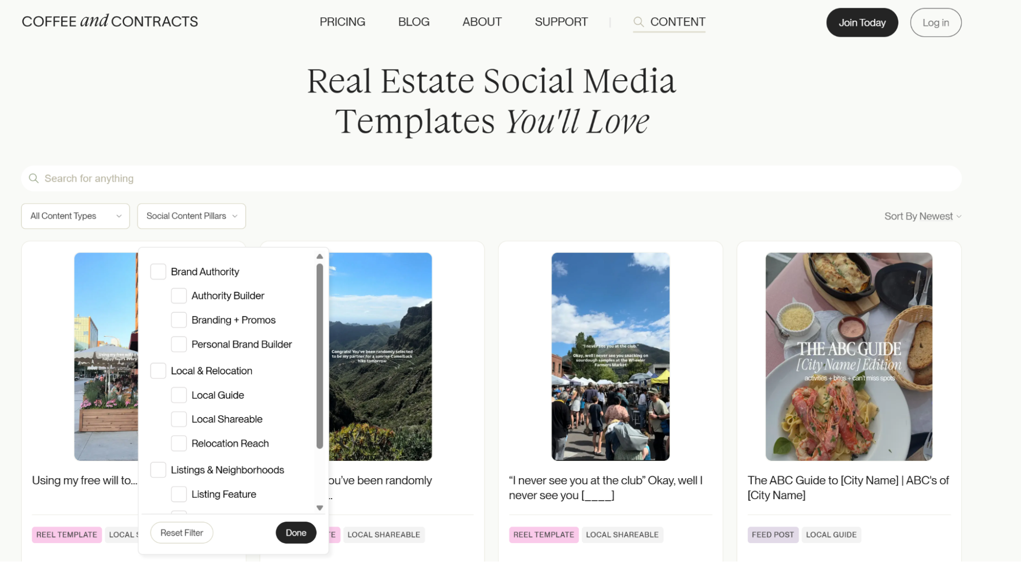 Coffee & Contracts content templates filter