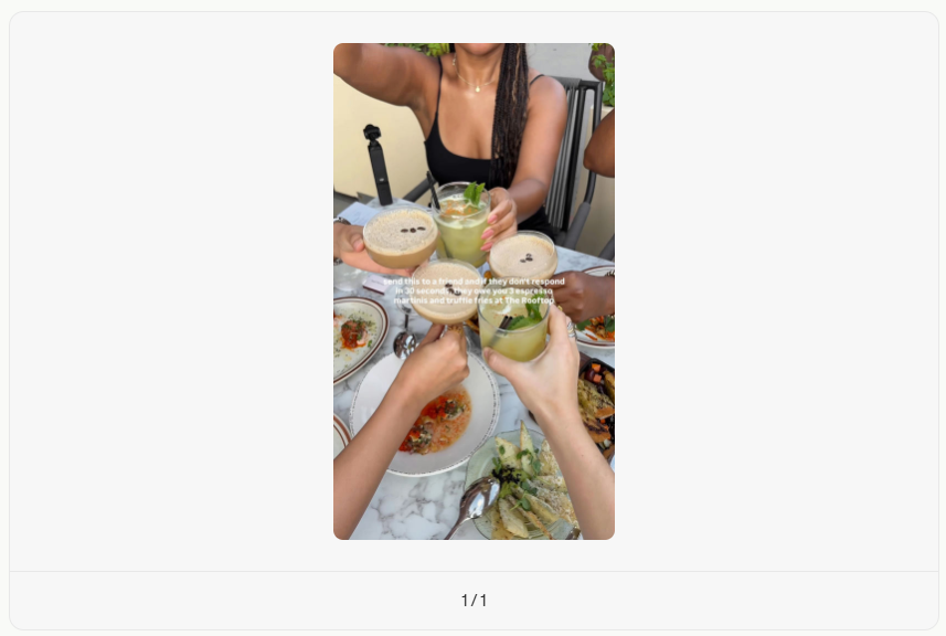 Coffee & Contracts shareable reel template showing friends toasting cocktails over a table with shared dishes at a restaurant.