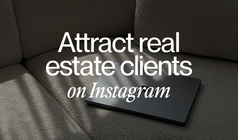 Laptop on a couch with text reading “Attract real estate clients on Instagram”