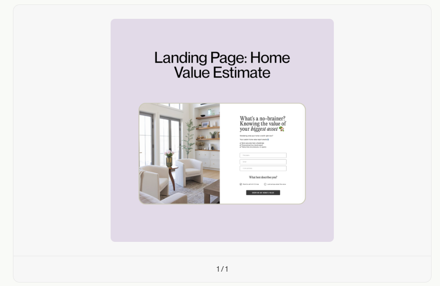 Coffee & Contracts home value estimate landing page template with a bright living room image and a home value estimate calculator.