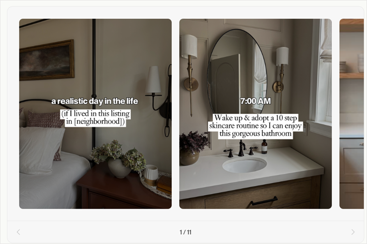 Coffee & Contracts ‘a realistic day in the life’ style template showing bedroom and bathroom interiors with text about a day in the life.
