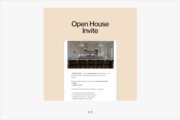 Coffee & Contracts’ Open House Invite email template with a sample email to invite clients for an open house event.