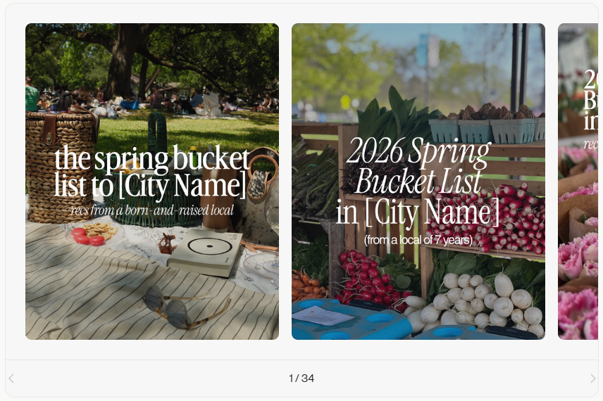 Coffee & Contracts Spring Guide template showing Spring lifestyle scenes featuring a picnic setup in a park and a farmers market display, used for a local bucket list guide.