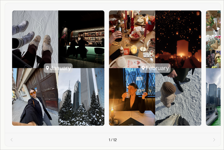 Coffee & Contracts’ Photo Year in review template showing a grid of lifestyle photos labeled January and February and images of winter walks, dining, and city scenes.