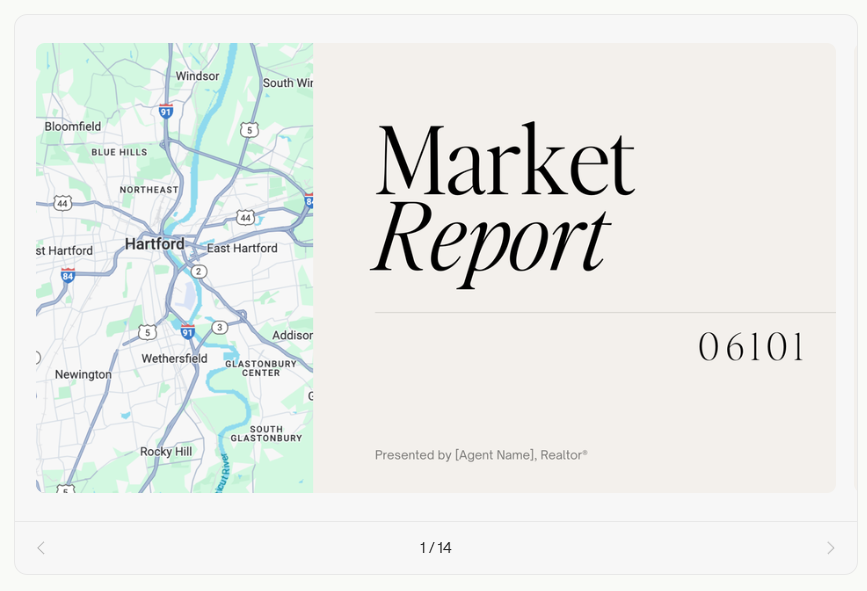 Market report template with a map and agent name placeholder. 