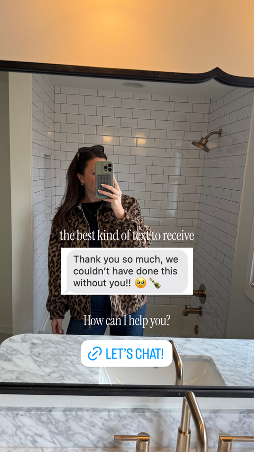 Real estate agent mirror selfie in a tiled bathroom with a client thank-you text overlay and "Let's Chat!" CTA button.