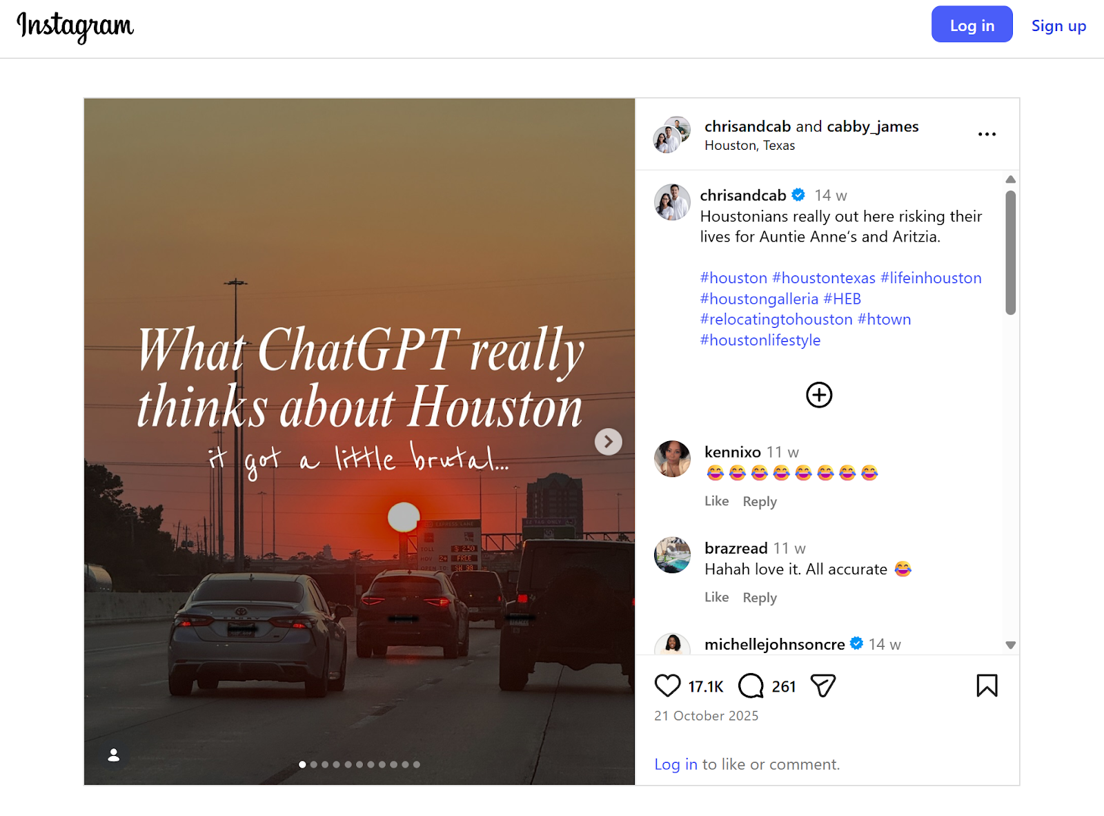 Sunset highway scene in Houston with cars in traffic and text overlay saying "What ChatGPT really thinks about Houston."