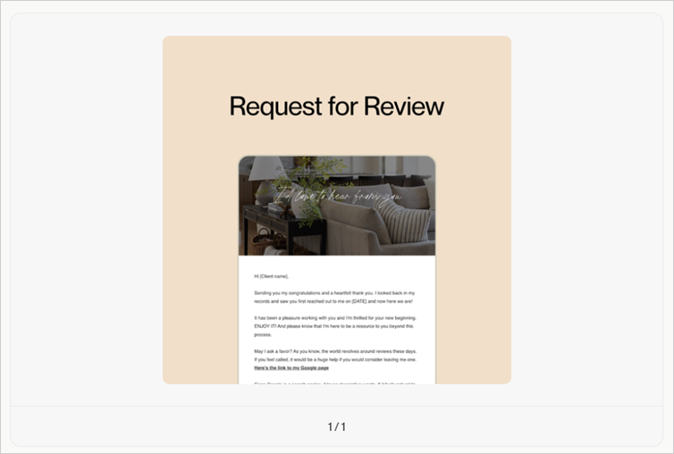 Coffee & Contracts’ Request for review template with sample email requesting client review.