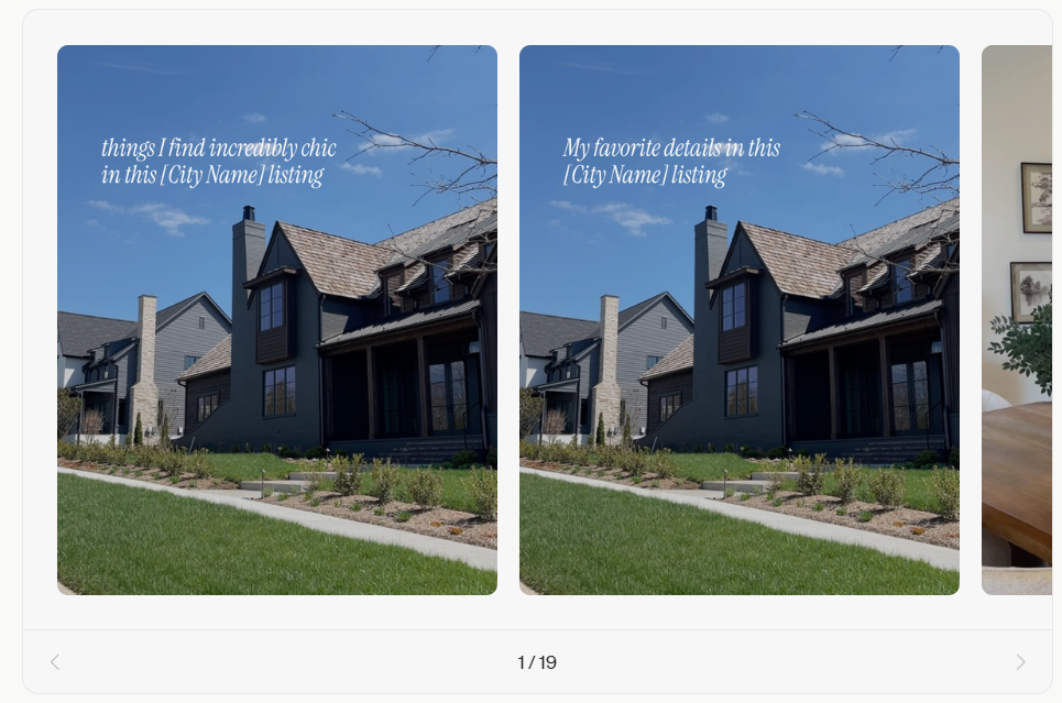 Modern home exterior with front lawn and text about chic details in a listing.