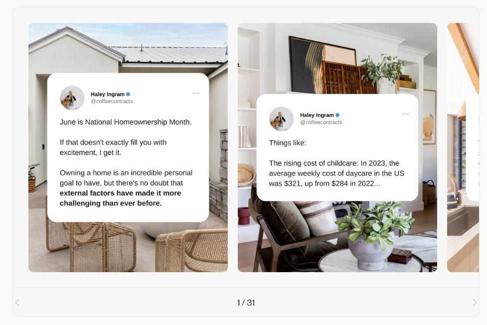 Coffee & Contracts House Affordability template showing home exterior and living room images with text about housing affordability and rising costs.
