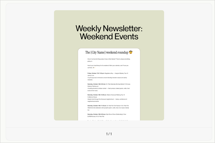The Coffee & Contracts Events Roundup Email template with sample email that highlights weekend events