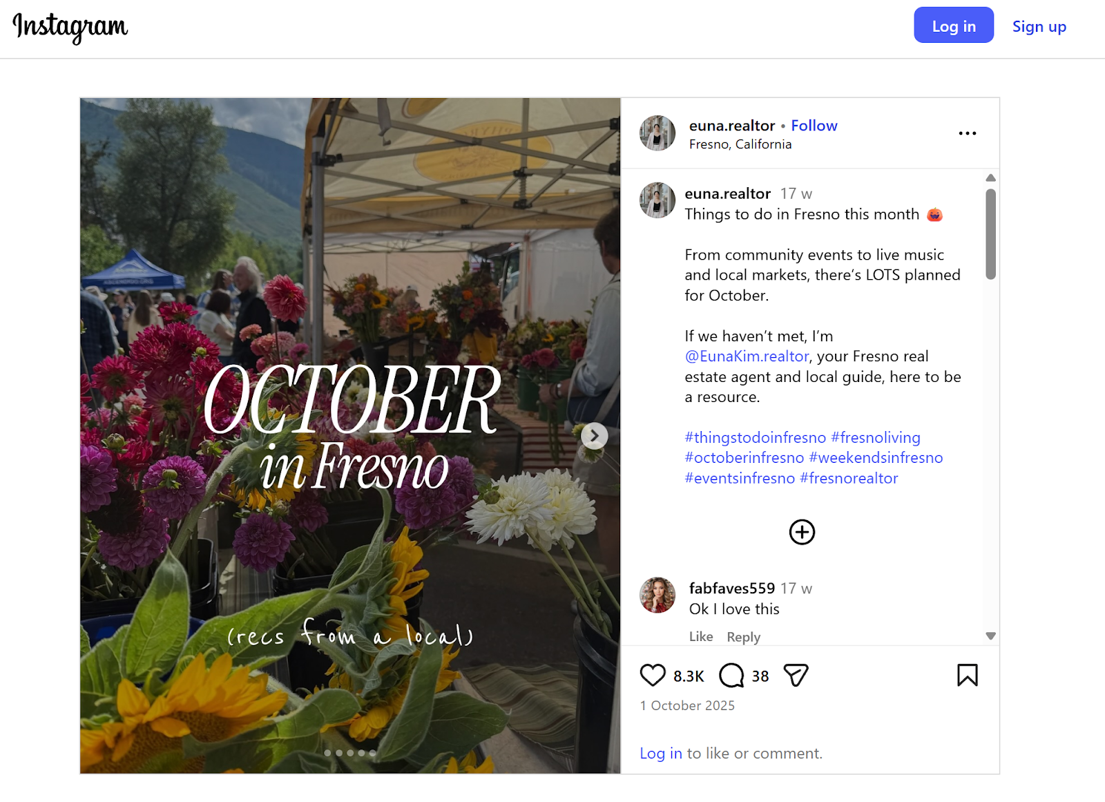 Outdoor flower market scene with colorful bouquets and text overlay "October in Fresno."