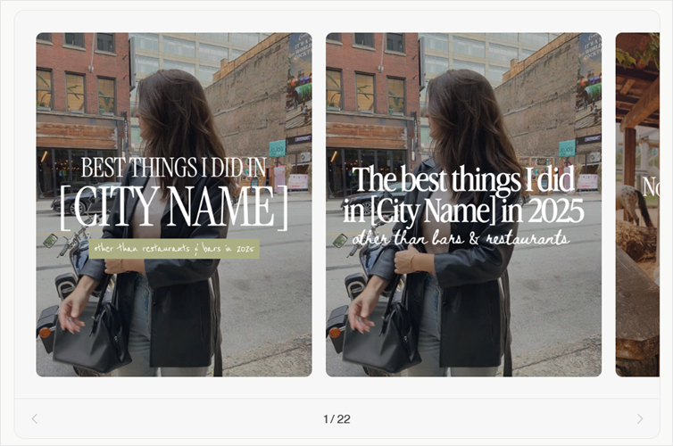 Coffee & Contracts ‘Best things I did in [City Name] other than [restaurants & bars] in 2025’ template showing a woman walking on a city street with text.