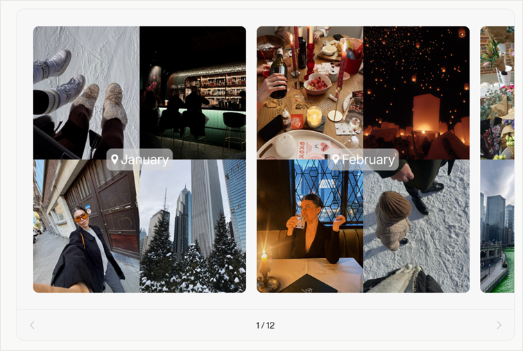 Coffee & Contracts Photo in Year Review template showing a grid of lifestyle photos labeled January and February.