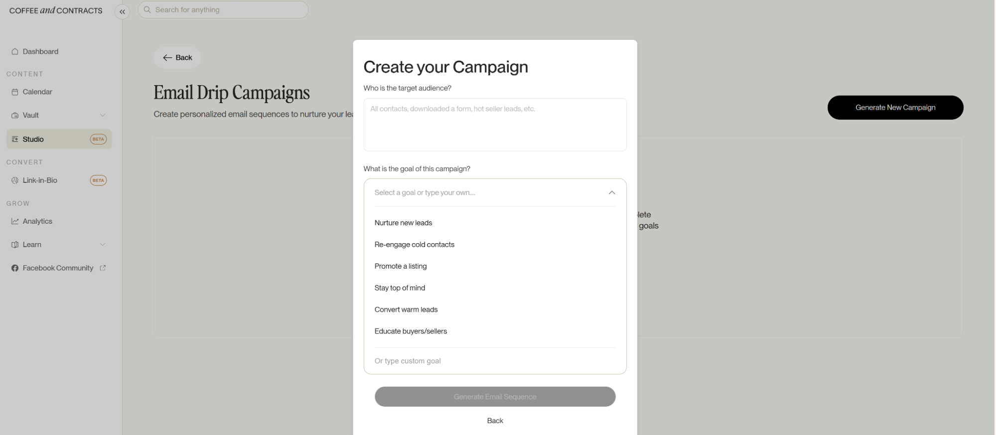 Coffee & Contracts email drip campaign generator