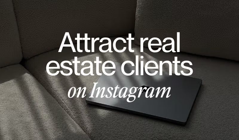 Laptop on a couch with text reading “Attract real estate clients on Instagram”