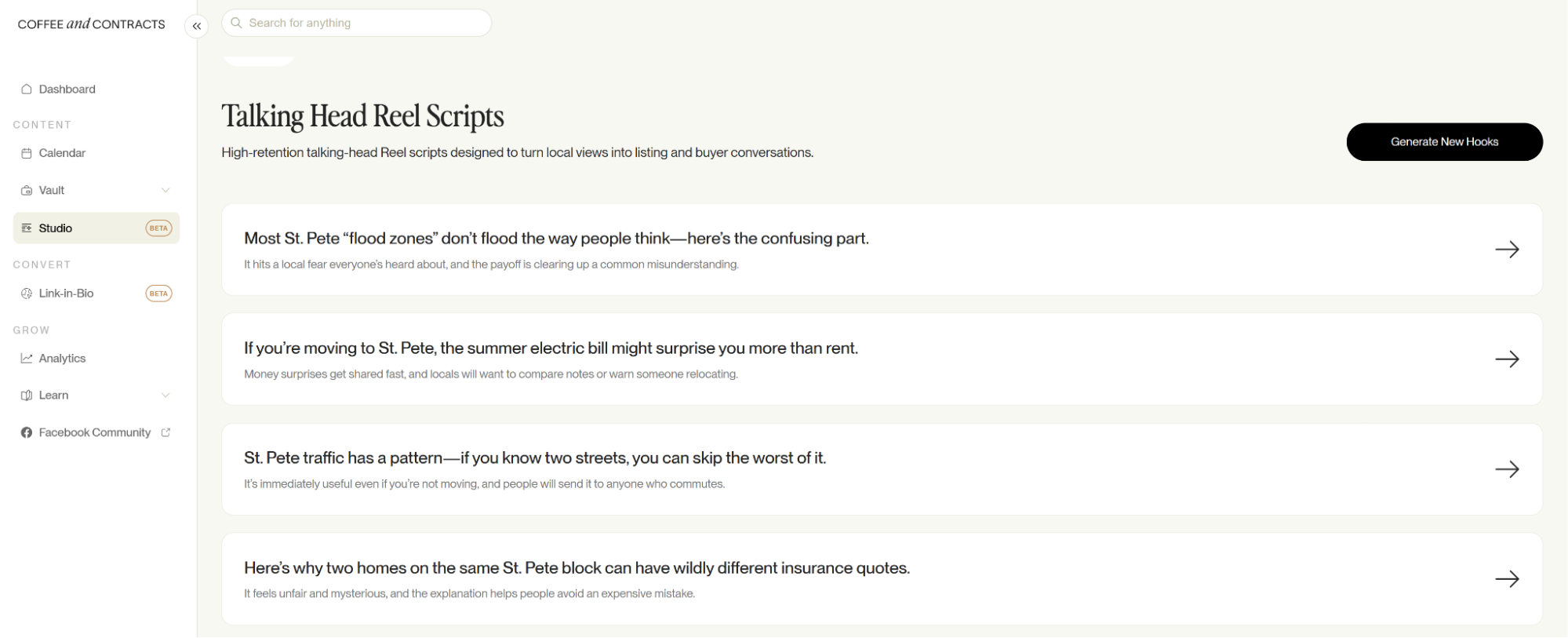 Coffee & Contracts talking head Reel scripts generator