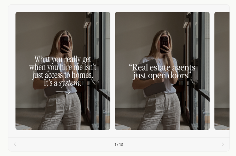 Alt text: Coffee & Contracts’ ‘What you really get when you hire me…” template showing a mirror selfie of a woman with text.