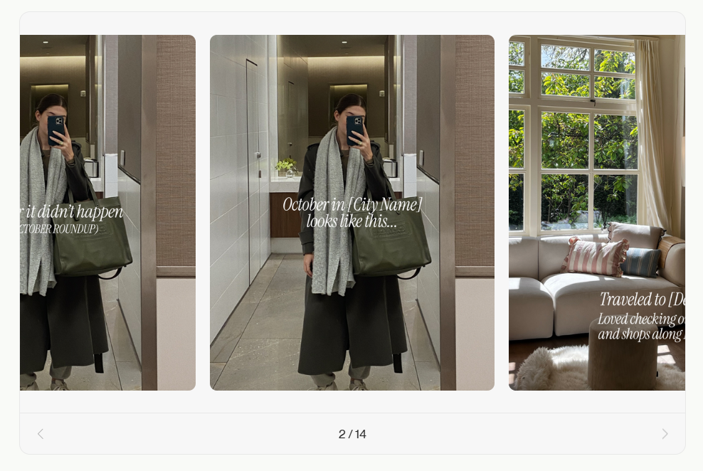 Coffee & Contracts ‘Pics or it didn’t happen (October roundup)’ template with mirror selfie, bright living room, and text about a monthly roundup.