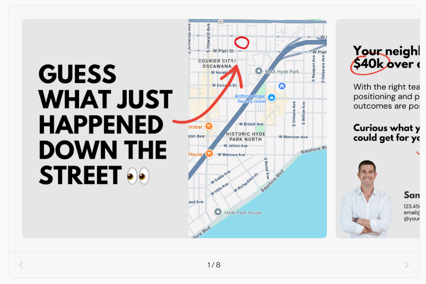 Coffee & Contracts “Just Sold” postcard template with text ‘Guess what just happened down the street’ and a map with a highlighted location.
