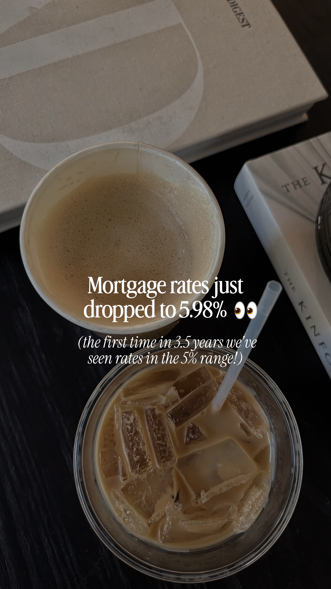Iced and hot coffee on a table with books; text says mortgage rates dropped to 5.98%.