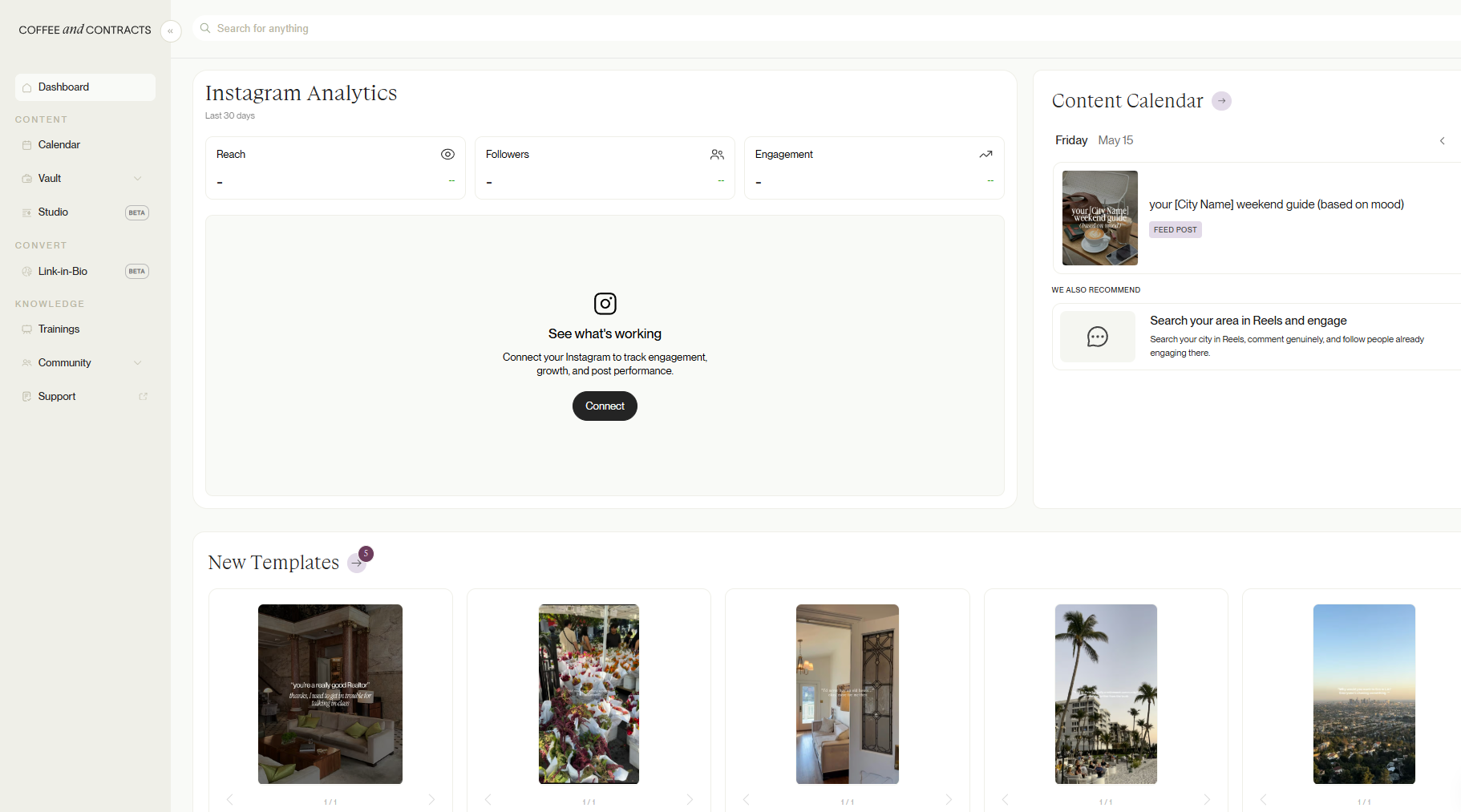 Coffee & Contracts dashboard showing content strategy calendar, trending social media ideas, upcoming training sessions, and a library of new templates.