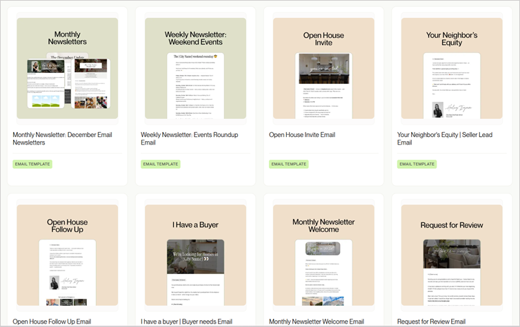 Collection of Coffee & Contracts real estate email templates in a grid layout.