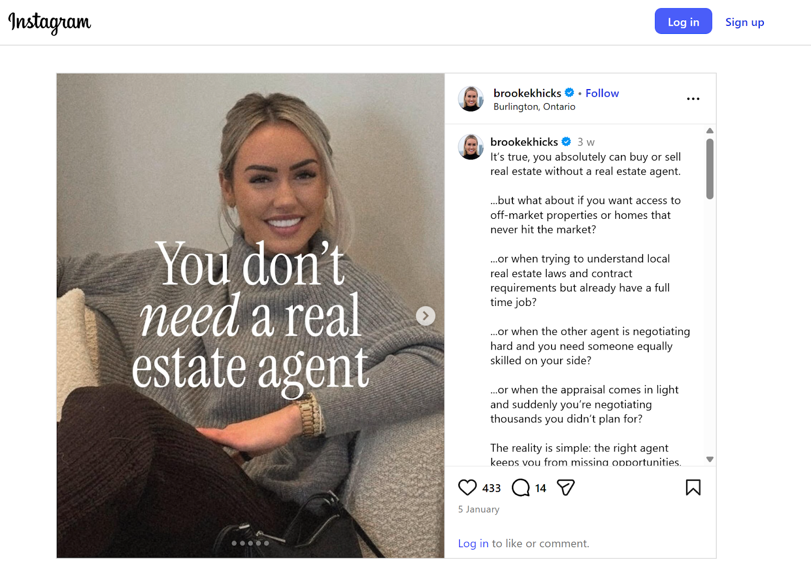 Smiling female realtor sitting on a couch with text overlay reading "You don't need a real estate agent."