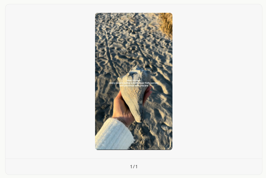 Coffee & Contracts Reel template of a hand holding a large seashell on a sandy beach at sunset, with textured footprints in the sand and soft golden-hour lighting creating a coastal atmosphere with text overlays.