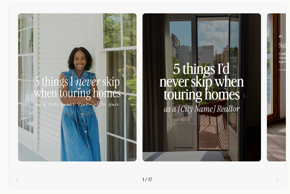 Coffee and Contracts ‘5 things I never skip when showing homes’ template showing a realtor standing by a window and a balcony view with text.