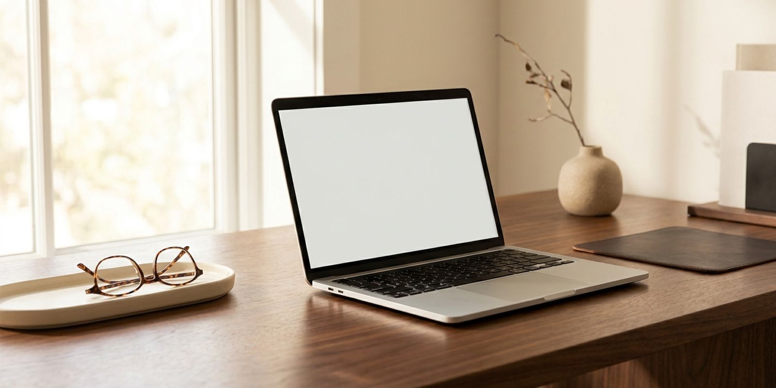 Computerbril op een bureau naast een laptop