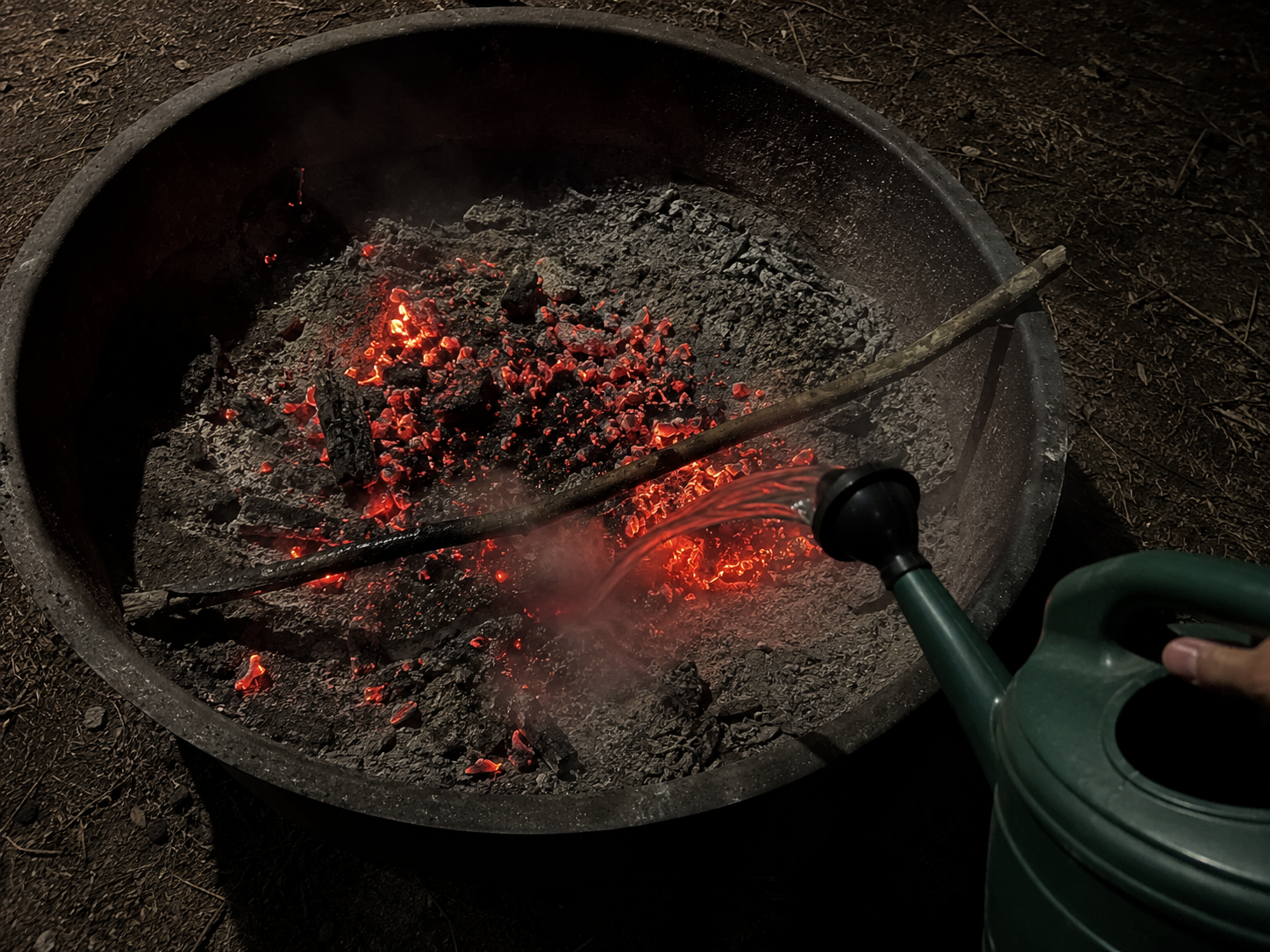 Looking down into a metal campground fire ring at night at a bed of red-orange glowing embers and white ash, a long stick lying across the ring used for stirring, a green watering can pouring a stream of water onto the embers producing a small puff of white steam Looking down into a metal campground fire ring at night at a bed of red-orange glowing embers and white ash, a long stick lying across the ring used for stirring, a green watering can pouring a stream of water onto the embers producing a small puff of white steam