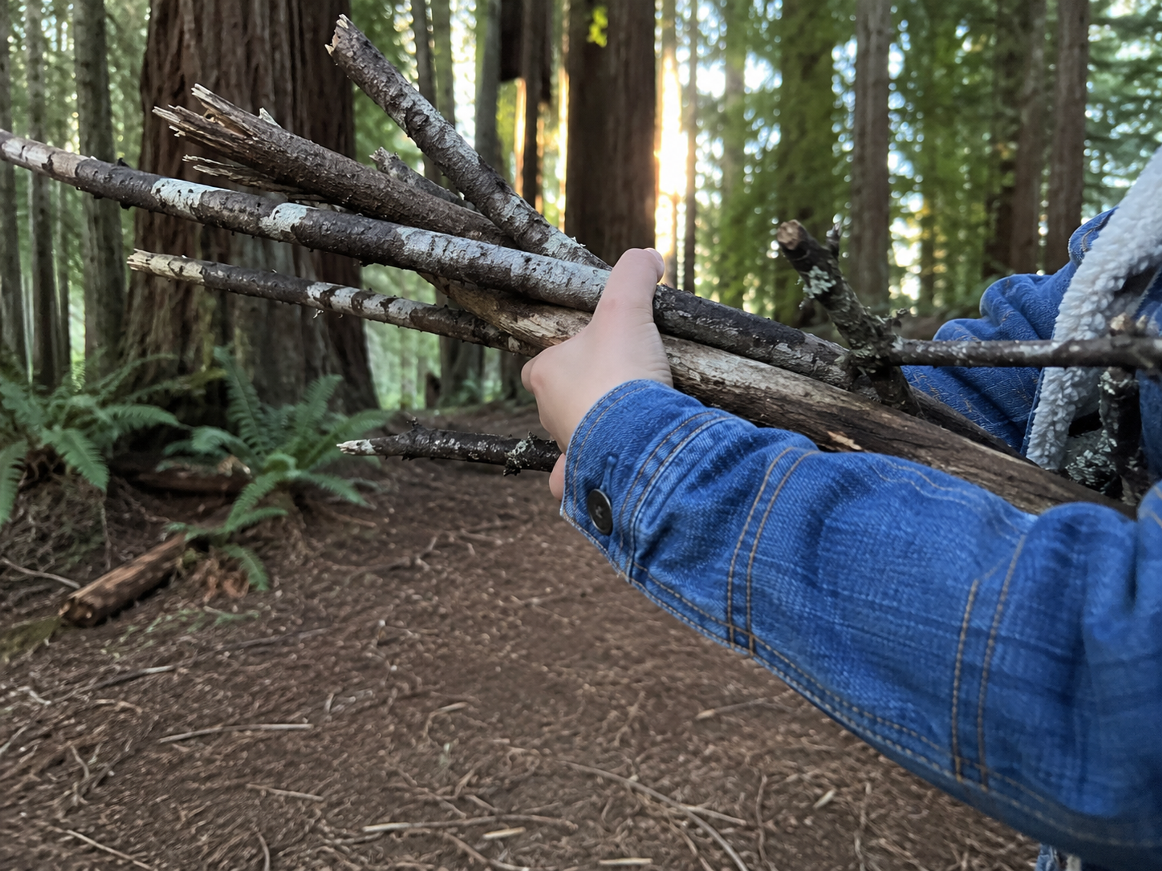 A child's arms in a denim jacket carrying an armful of dry downed branches and twigs through a coast redwood forest with sunlight filtering through the trunks A child's arms in a denim jacket carrying an armful of dry downed branches and twigs through a coast redwood forest with sunlight filtering through the trunks