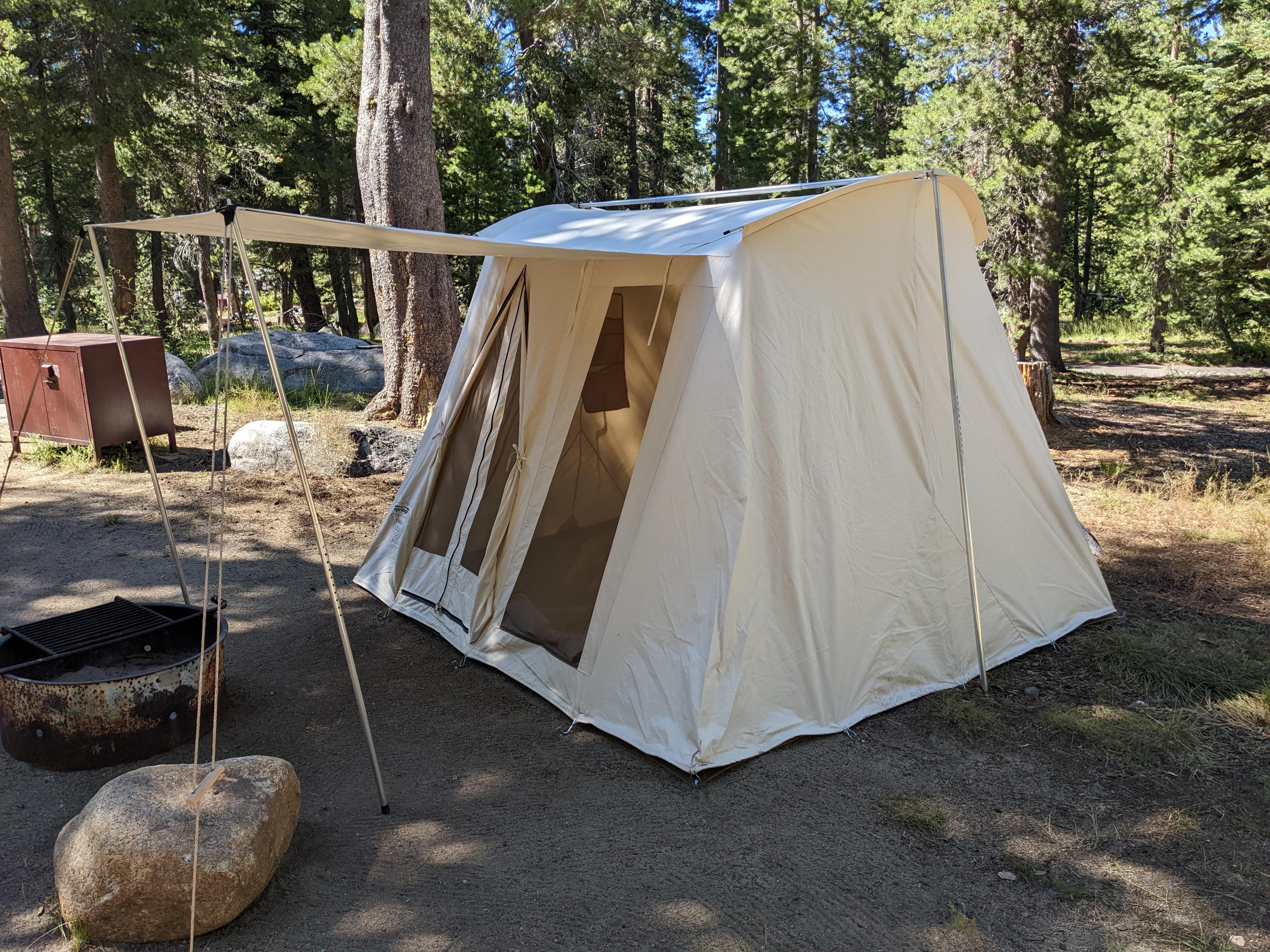 Springbar Traveler canvas tent pitched on a lakeside campsite at Wrights Lake in El Dorado National Forest, the moment our family fell in love with canvas tents