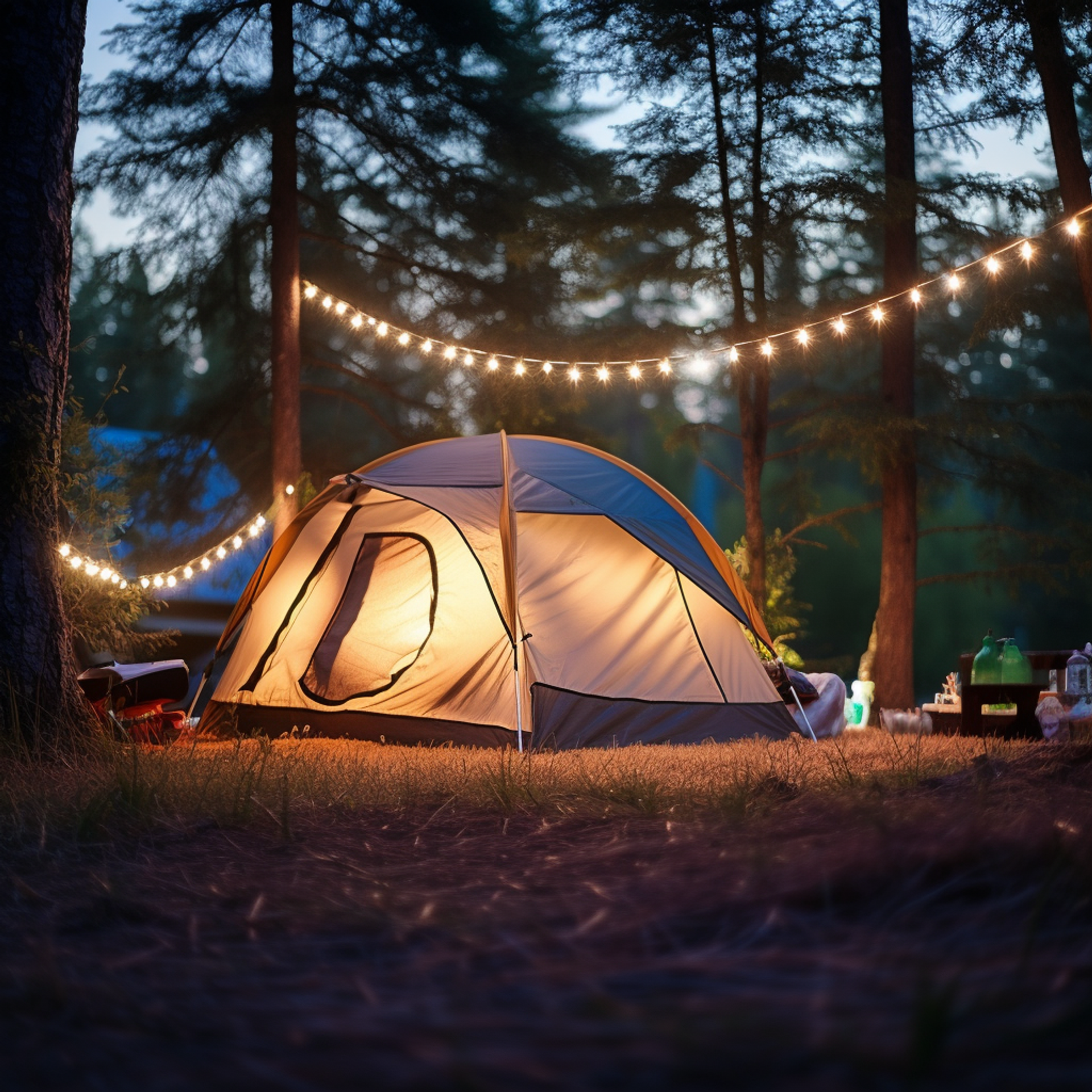 Tent in a campground at dusk