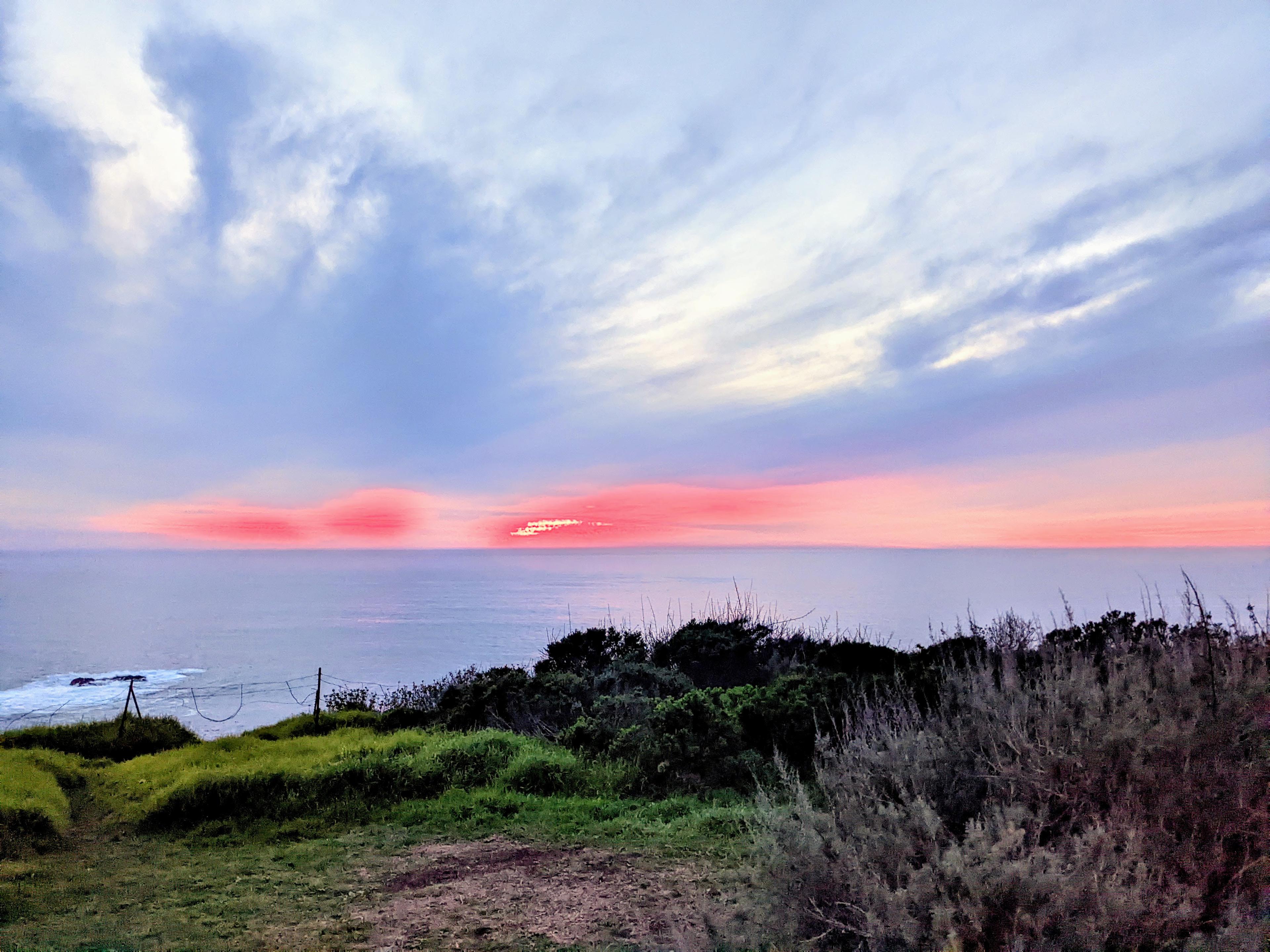 Pink and purple sunset over the Pacific Ocean from Kirk Creek campground blufftop with green scrub in foreground Pink and purple sunset over the Pacific Ocean from Kirk Creek campground blufftop with green scrub in foreground