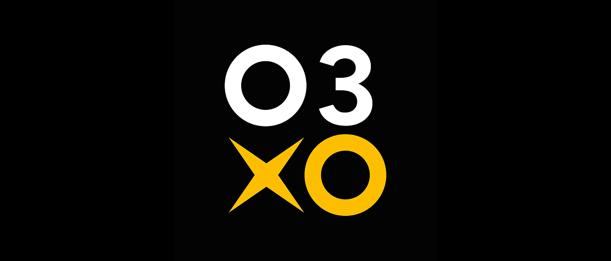 The O3XO mark on black: O3 set in white above XO in amber, the X drawn as a four-pointed star.