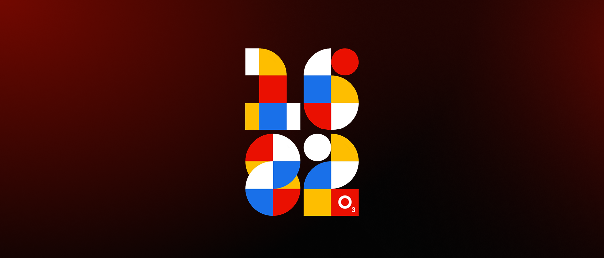 The 1682 conference wordmark on black: four digits built from Bauhaus quarter-circles and squares in red, blue, amber and white, with the O3 mark set into a red tile at the end.