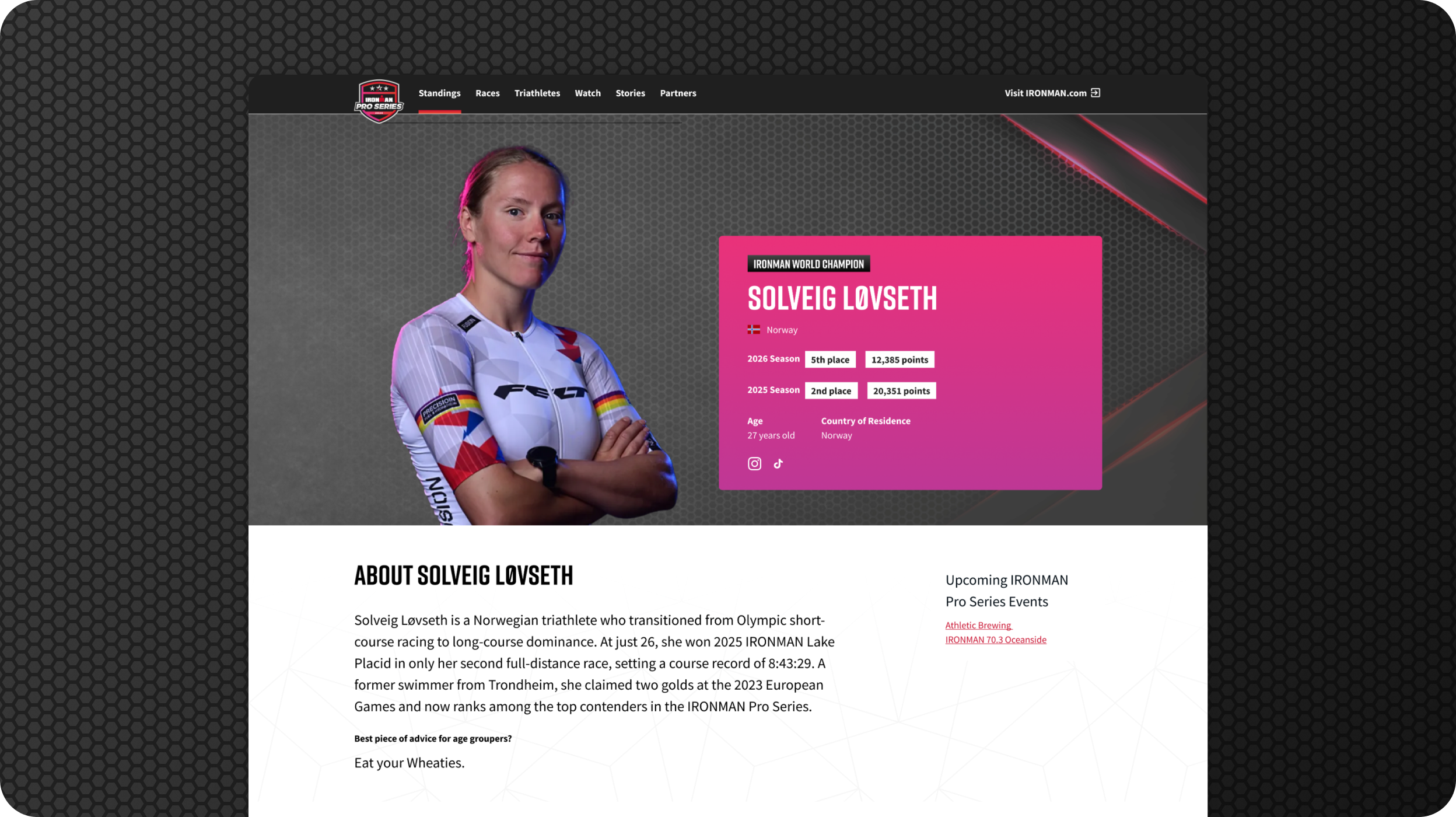 IRONMAN athlete profile on a dark patterned stage.
