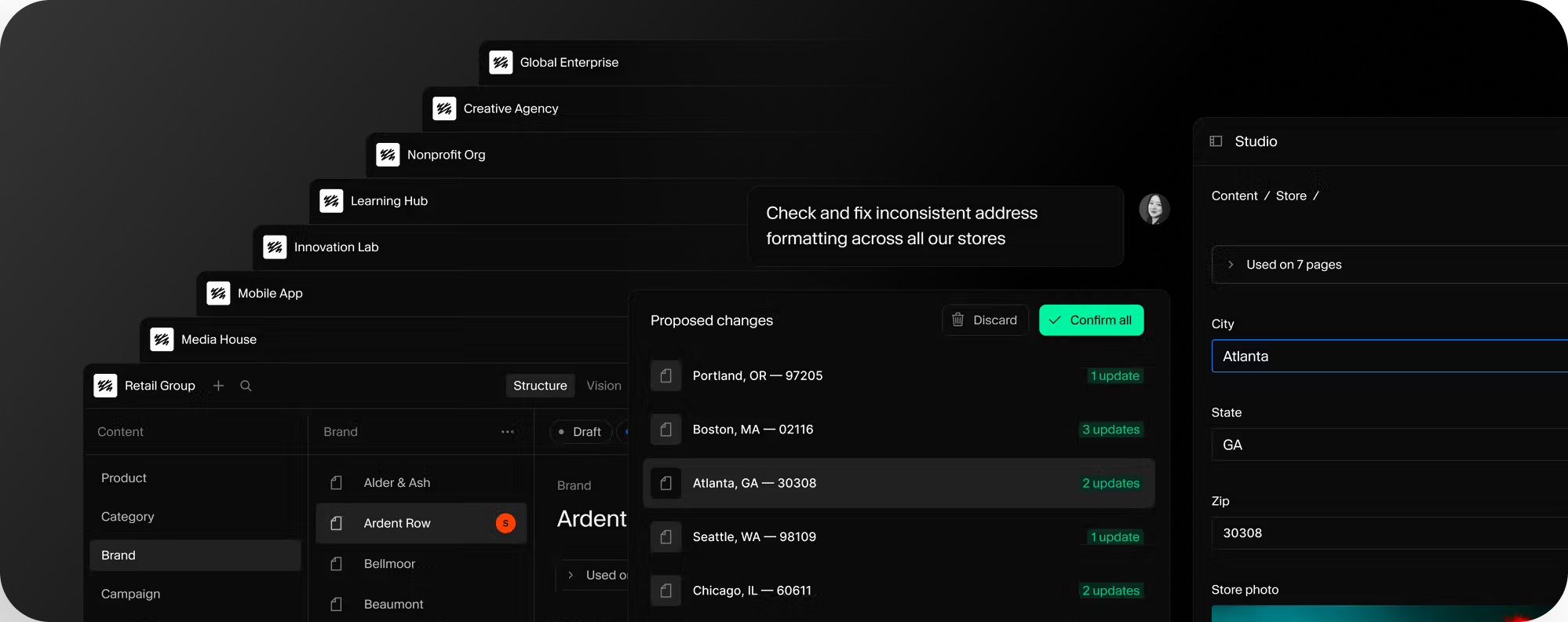 Sanity’s dark content workspace with structured content and proposed AI changes.