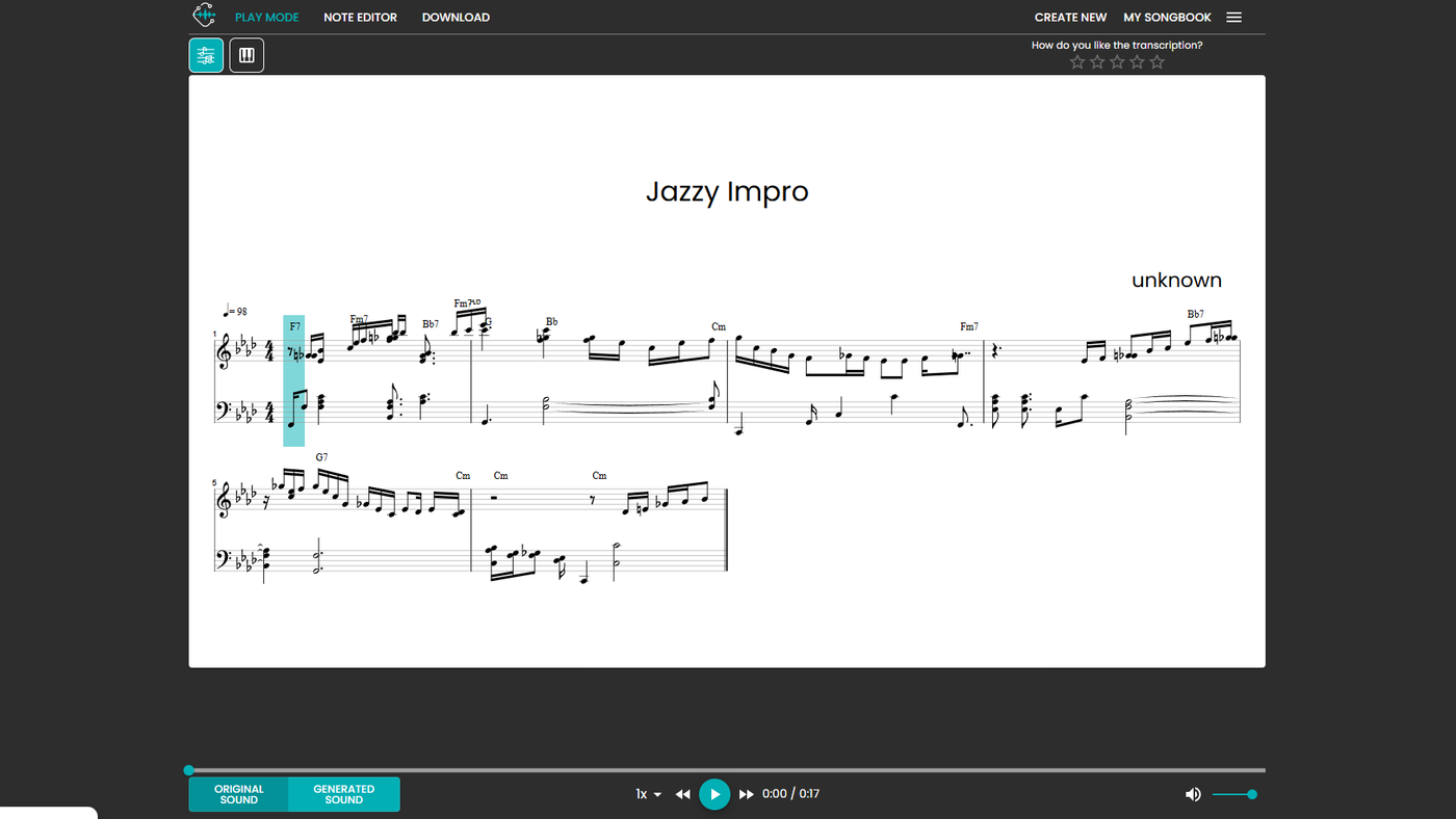 使用 Klangio Transcription Studio 的免费演示转录