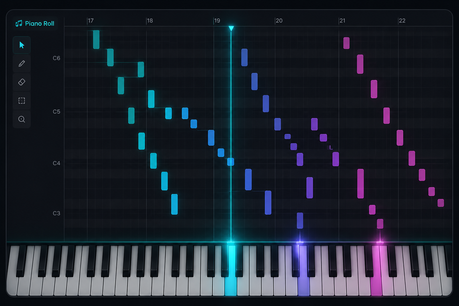Klangio piano roll showing colorful falling notes and highlighted piano keys for visually learning a song.