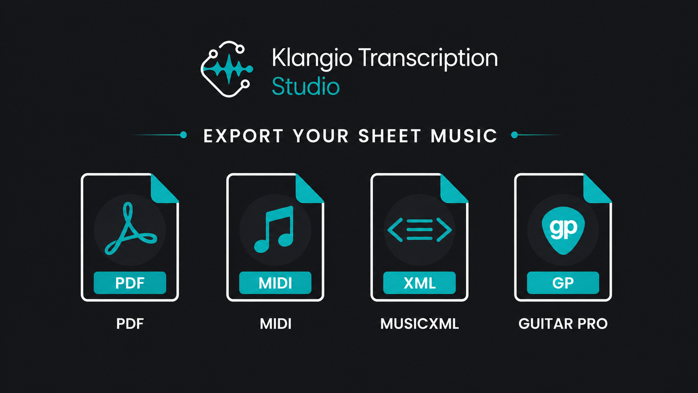 Eine Reihe von Symbolen für die Exportformate in Klangio Transcription Studio: PDF, MIDI, MusicXML und Guitar Pro